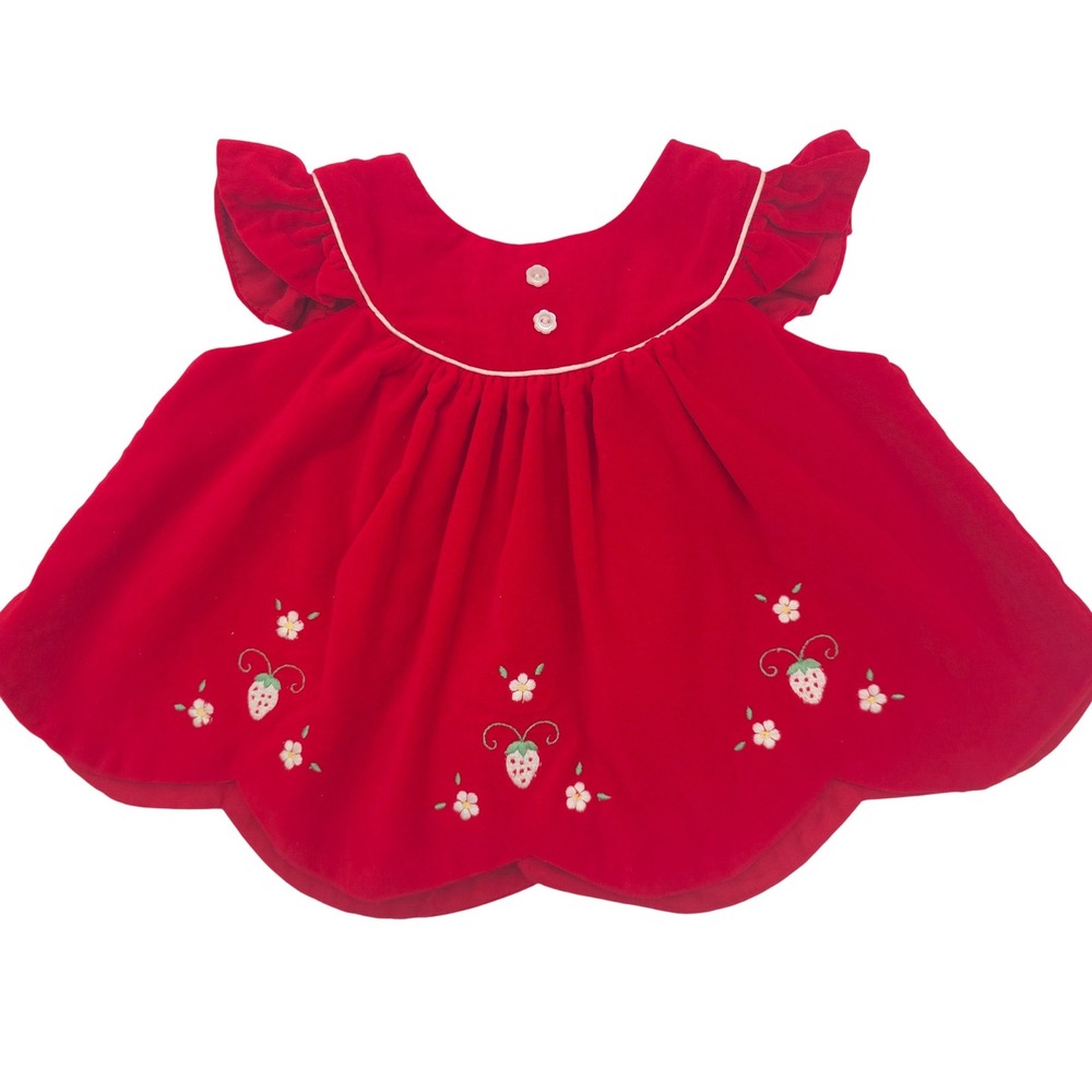 Vintage Red Velvet Strawberry Embroidered Scalloped Baby Dress Girls 3-6 Months